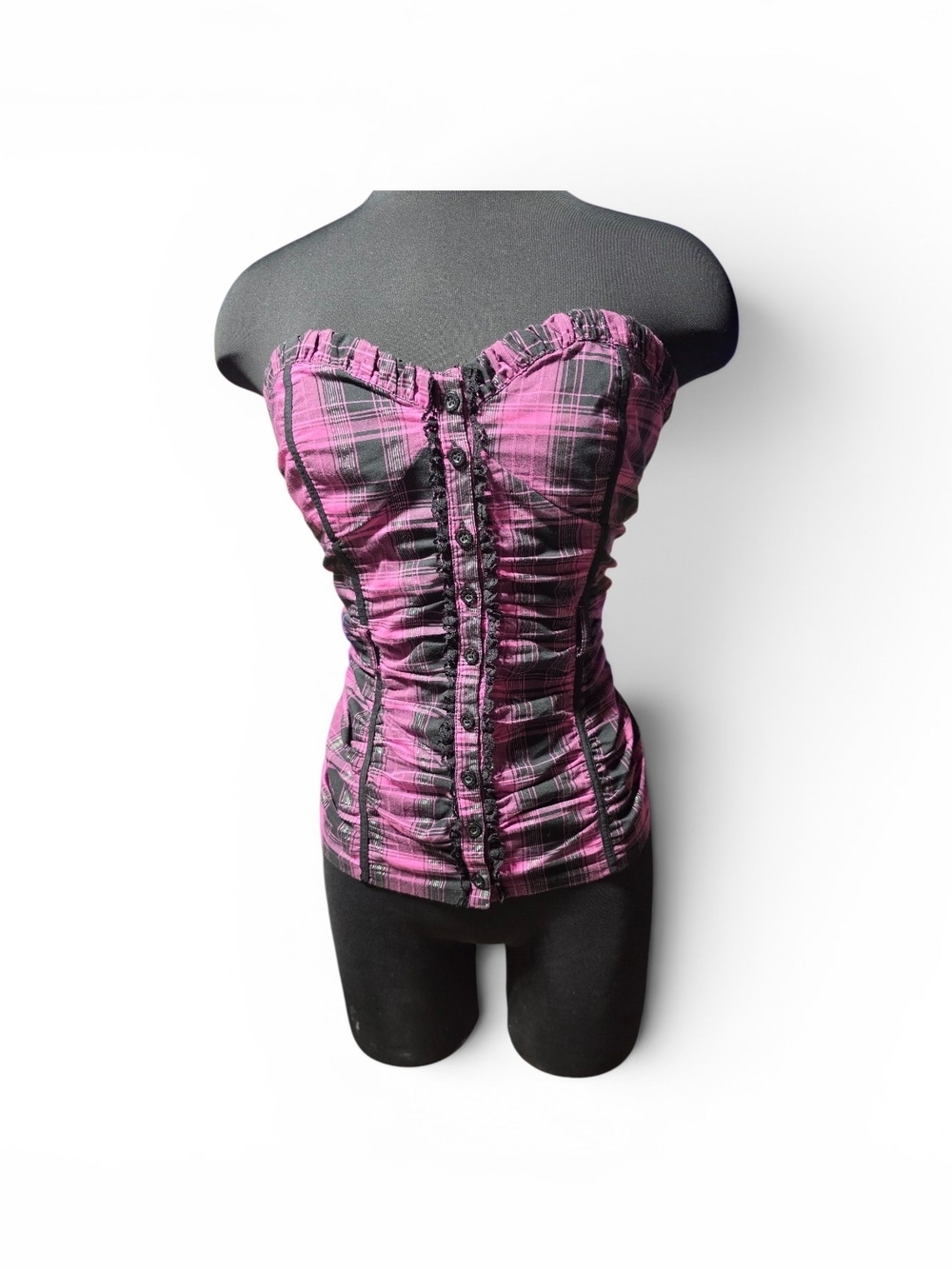 G by Guess Pink and Black Plaid Strapless Bustier Top NWOT SZ XL